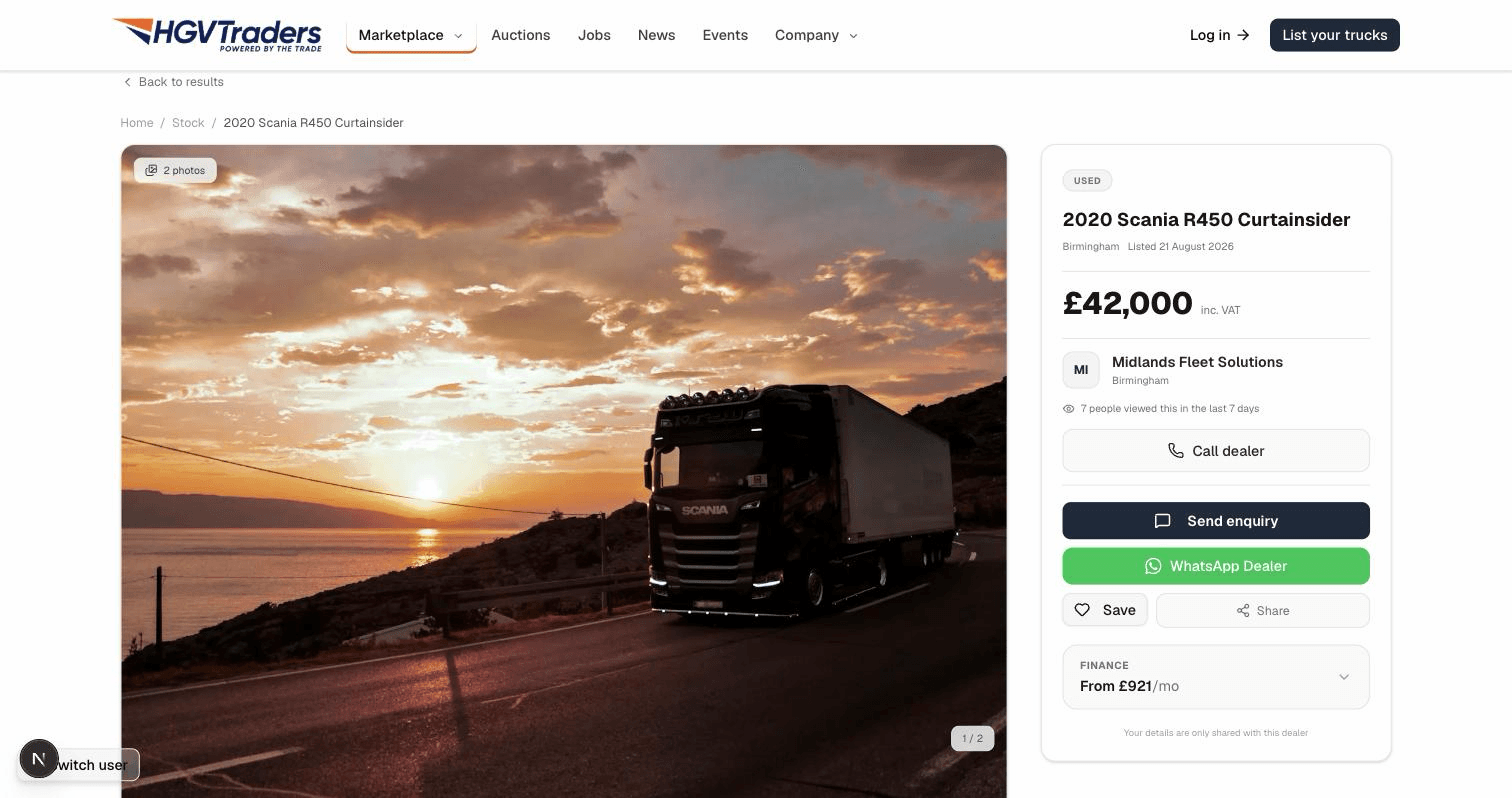 A stock listing detail page with a real vehicle photo, price, and dealer contact options