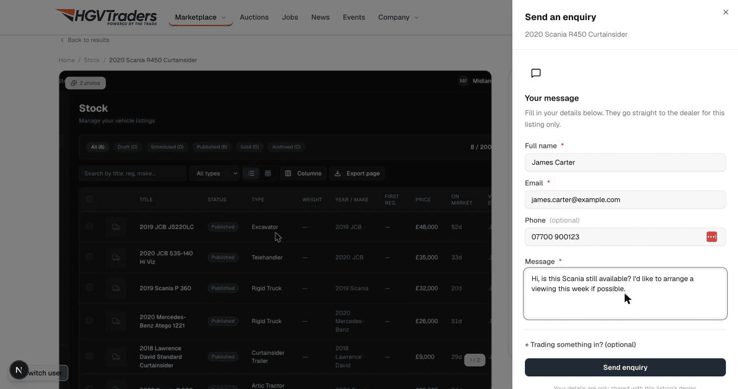 The enquiry form on a listing page with message field