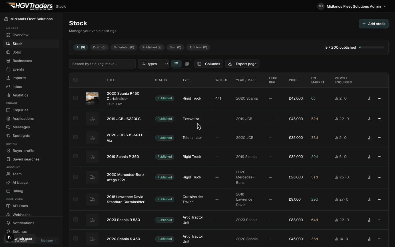 The Stock dashboard page with a real vehicle photo thumbnail and the Add listing button