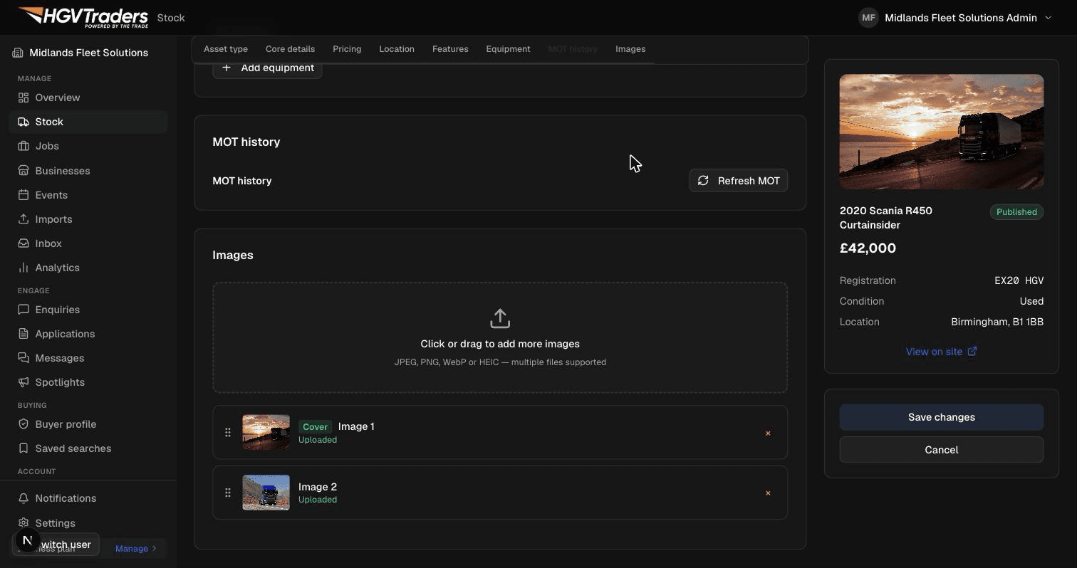 The stock wizard's photo upload step showing real uploaded vehicle photo thumbnails